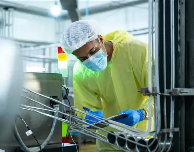 Renromsteknikere inspiserer komponenter i den sterile produksjonsprosessen